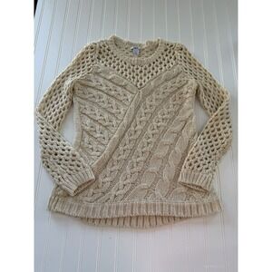 Bar III Women's Sweater Medium Cream Cable Knit Open Knit Sleeves Mohair